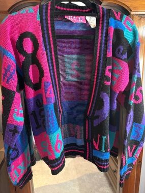 Vintage 90s Button-up Graphic Cardigan Sweater in Pink, Plum, Blue, and Black